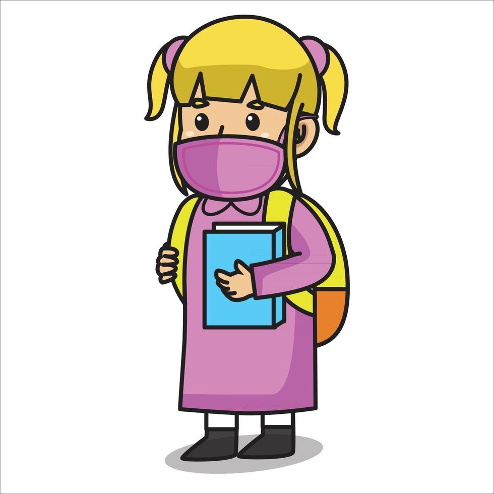 Mädchen mit rosa Kleid nach der Schule, das ein Buch hält. Mit Maske und gesundem Protokoll. Charakterillustration. vektor