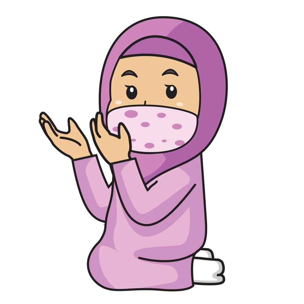 muslimsk tjej använder rosa skjorta och hijab, ber i iftar. ramadan natt, med mask och hälsosamt protokoll. karaktär illustration. vektor