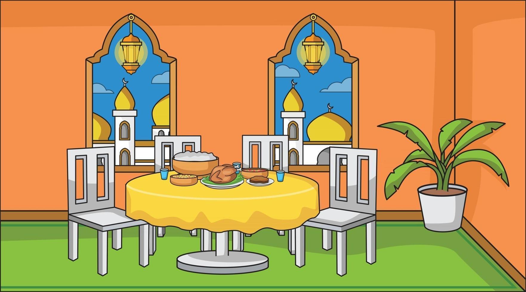 Hintergrund muslimische Familie religiös im Speisesaal während der Iftar-Party und viel Essen. Ramadan Laterne Muslim mit dekorativen Pflanzen. Hintergrund muslimische Illustration. vektor