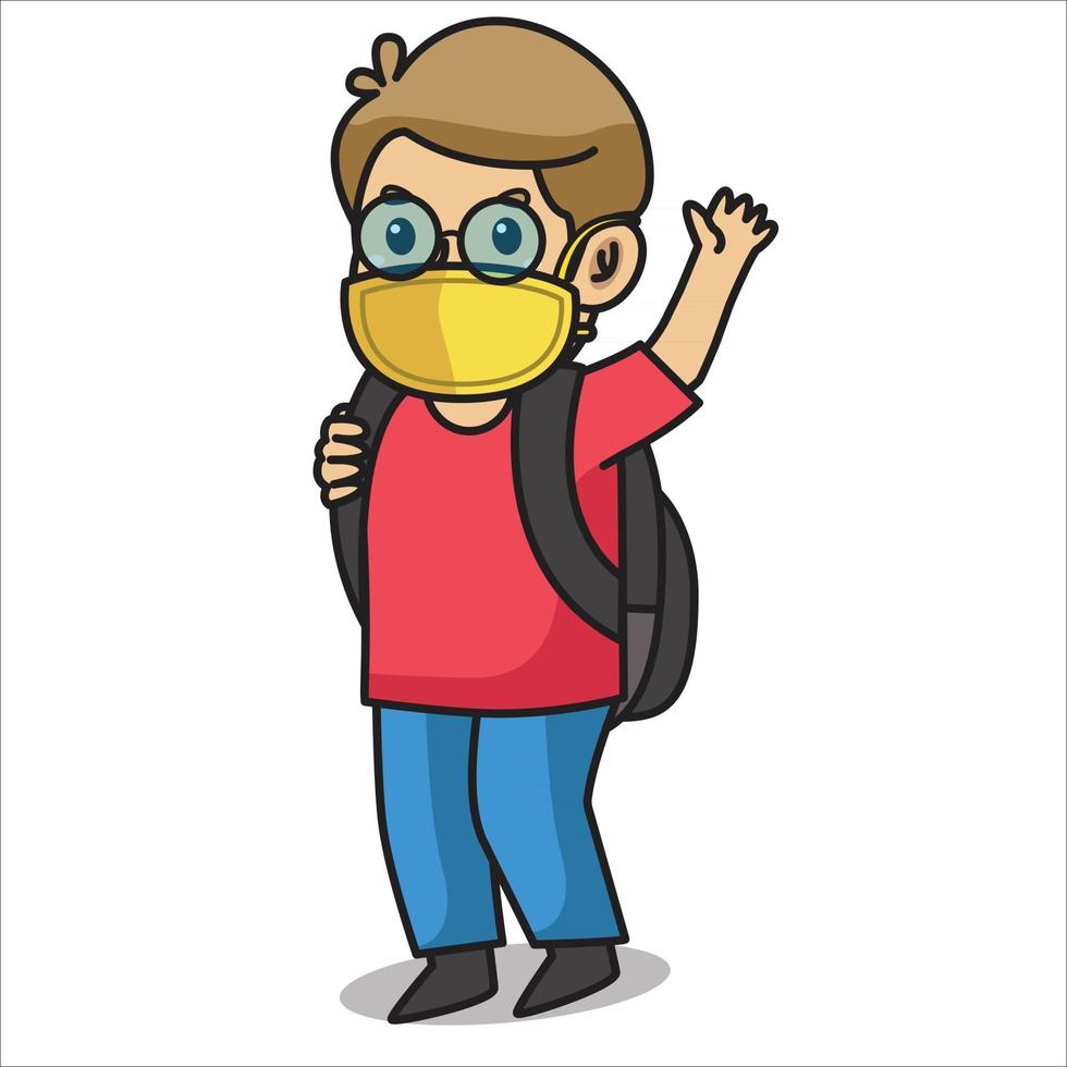 Jungen mit Brille und rotem Kleid nach der Schule, Gruß an Freund. Mit Maske und gesundem Protokoll. Charakterillustration. vektor