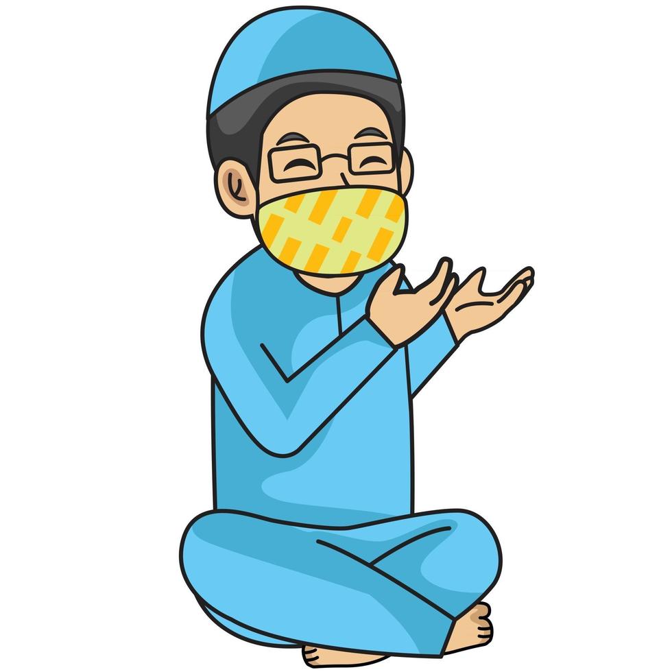 muslimischer mann oder vater tragen blaues hemd und beten im iftar. Ramadan-Nacht, mit Maske und gesundem Protokoll. Charakterillustration. vektor