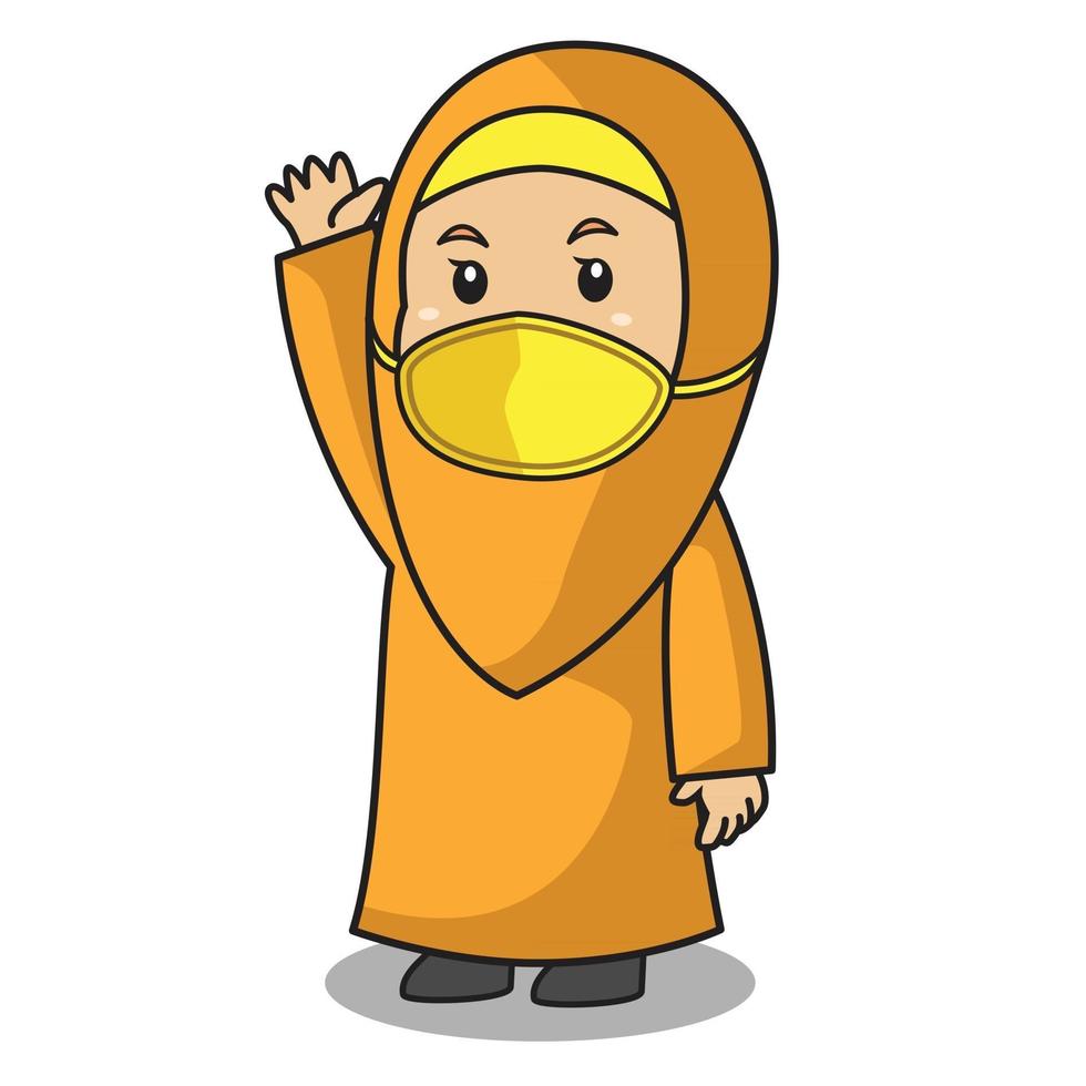 muslimsk tjej använder orange skjorta och hijab. hälsning hej till en annan muslim i ramadan månad, med mask och hälsosamt protokoll. karaktär illustration. vektor