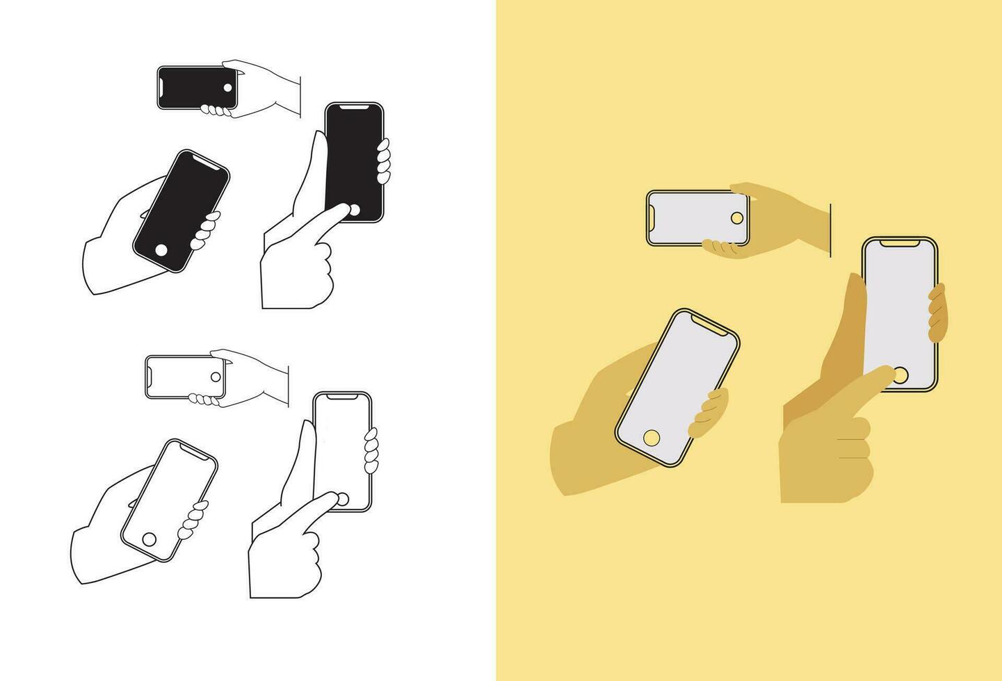 uppsättning av platt vektor illustrationer terar händer innehav mobil telefoner. de illustrationer skildra fingrar rörande, tappning, och rullning smartphone skärmar medan använder sig av olika tillämpningar