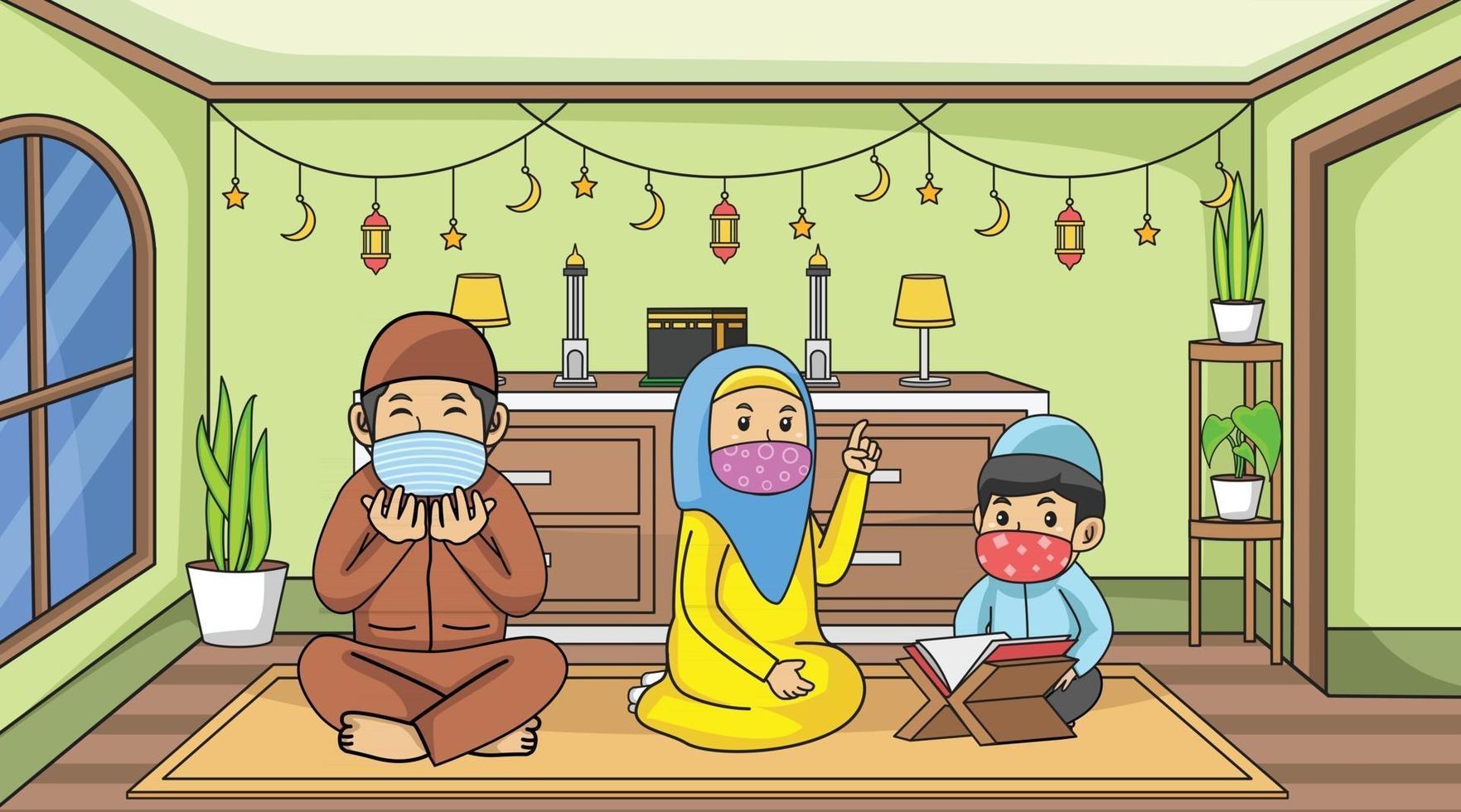 Während der Corona-Virus-Pandemie bleiben Muslime mit dem Ramadan-Monat zu Hause. muslimische Aktivität und beten. Kinder muslimisch lernen, Jungen, die das heilige Buch muslimisch al-quran lesen, Masken und Gesundheitsprotokolle verwenden. Kinderbuchillustration vektor