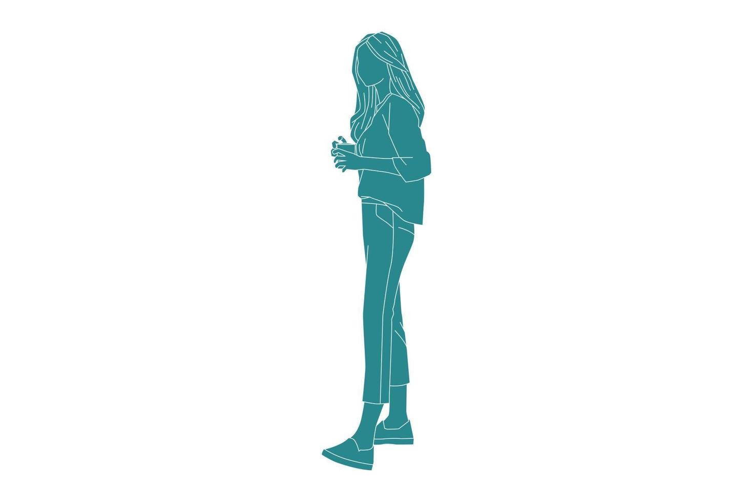 vektorillustration av moderiktig kvinna som poserar med sitt kaffe, platt stil med konturer vektor