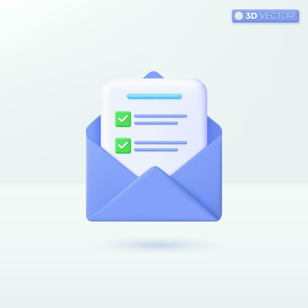 Briefumschlag und dokumentieren prüfen Kennzeichen Symbol Symbole. Post, Mail Einladung, genehmigt Konzept. 3d Vektor isoliert Illustration Design. Karikatur Pastell- minimal Stil. Sie können benutzt zum Design ux, ui, drucken Anzeige