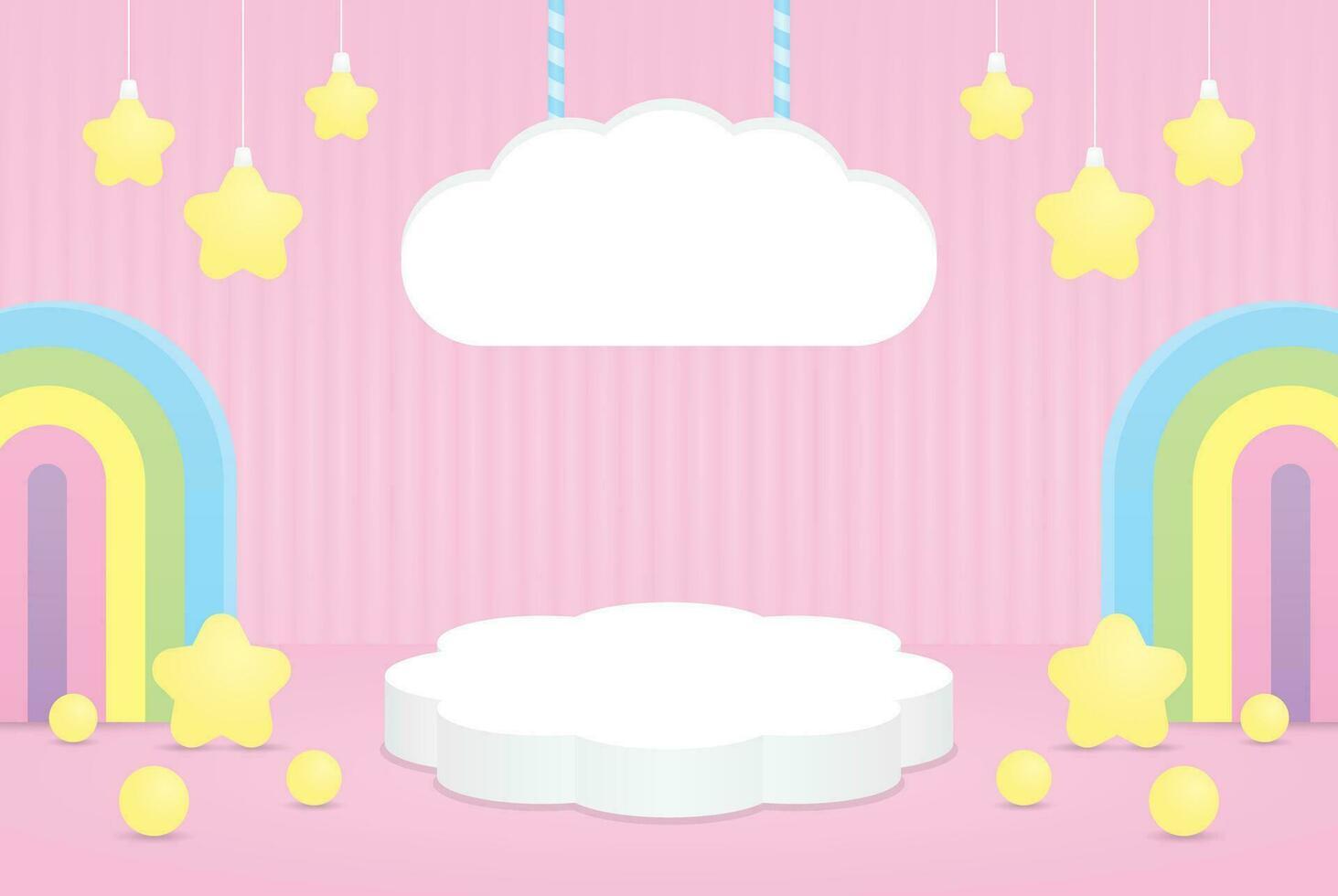 süß kawaii Wolke gestalten Podium Bühne und hängend Zeichen mit Süss Regenbogen Bogen und Sterne 3d Illustration Vektor zum Putten Objekt