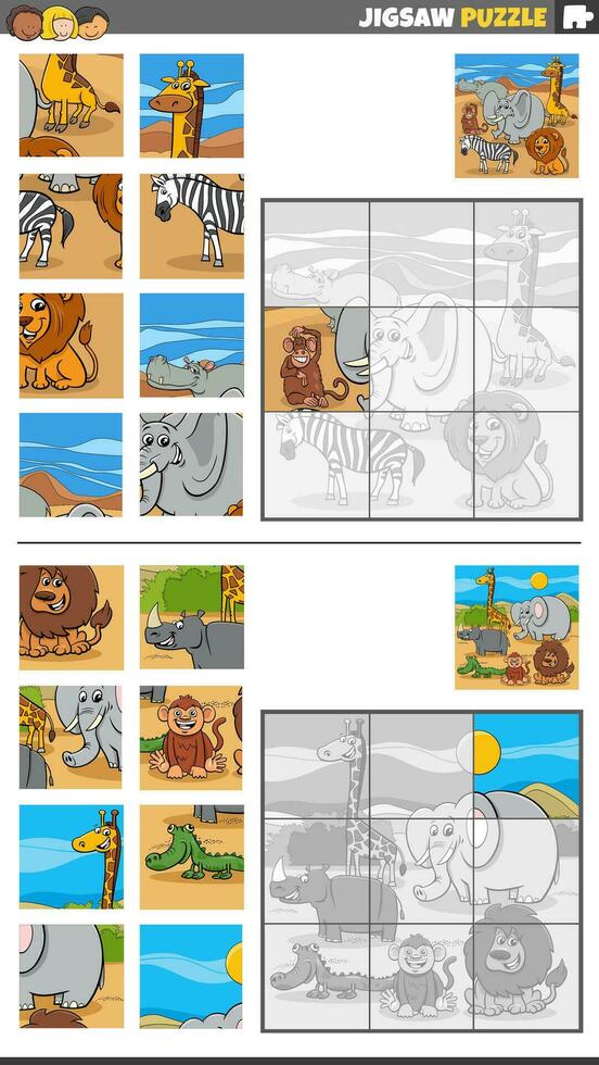Puzzle Puzzle Spiele einstellen mit Karikatur wild Tier Zeichen vektor