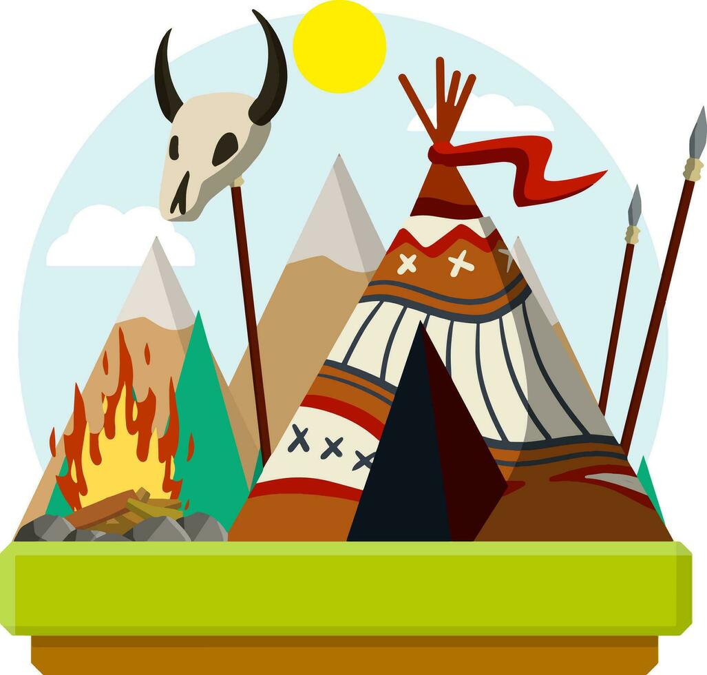 indisch Wigwam. Zuhause von einheimisch amerikanisch. Zelt gemacht von Häute. braun Tipi. Stammes- Hütte. Speer und Schädel von Tier. Karikatur eben Illustration. vektor