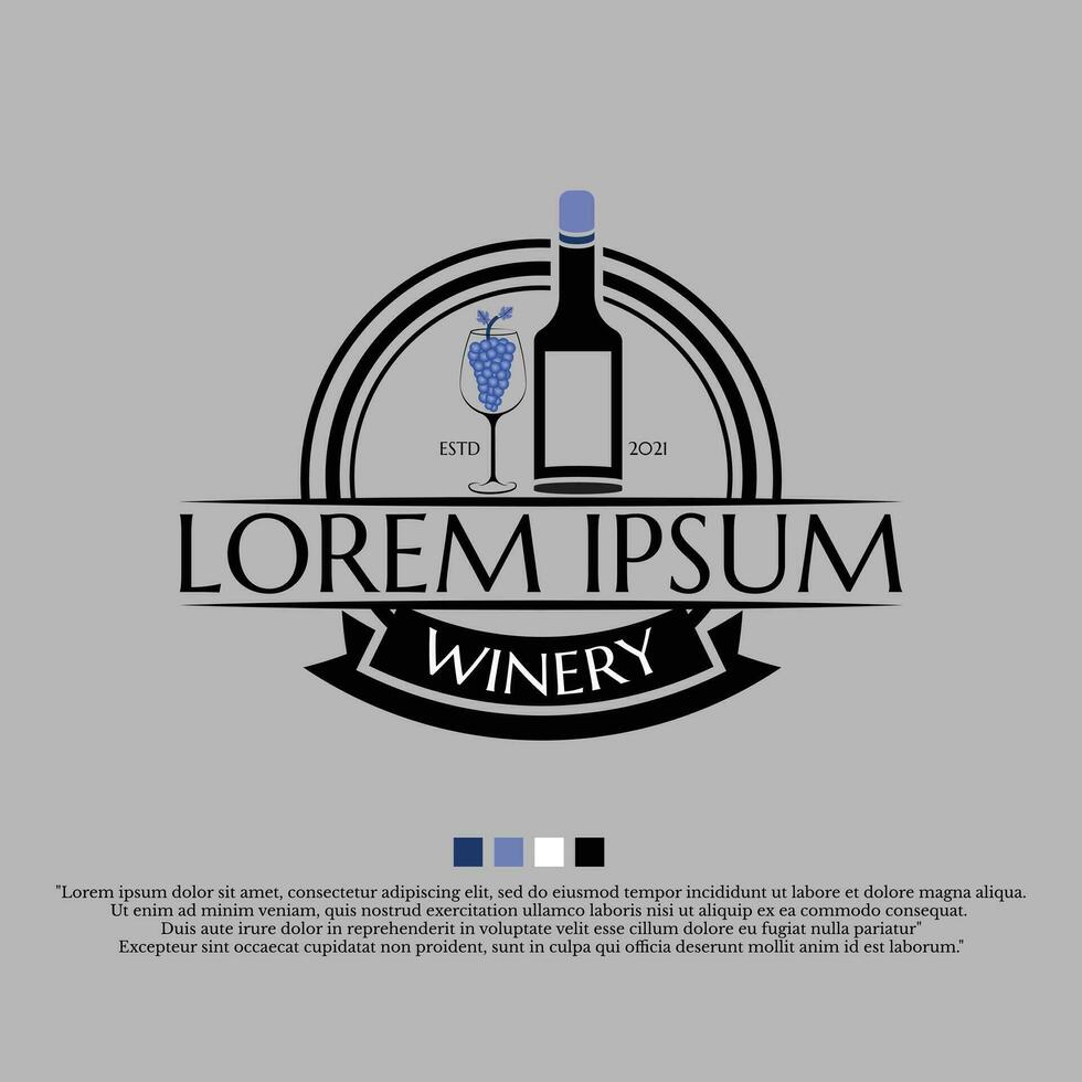 vin logotyp, terar flaska, glas och vindruvor. vektor