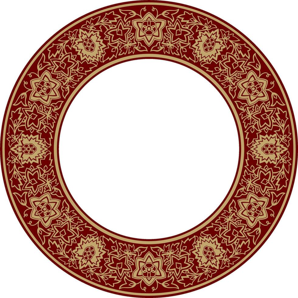 vektor runda guld med röd indisk nationell prydnad. etnisk växt cirkel, gräns. ram, blomma ringa. vallmo och löv