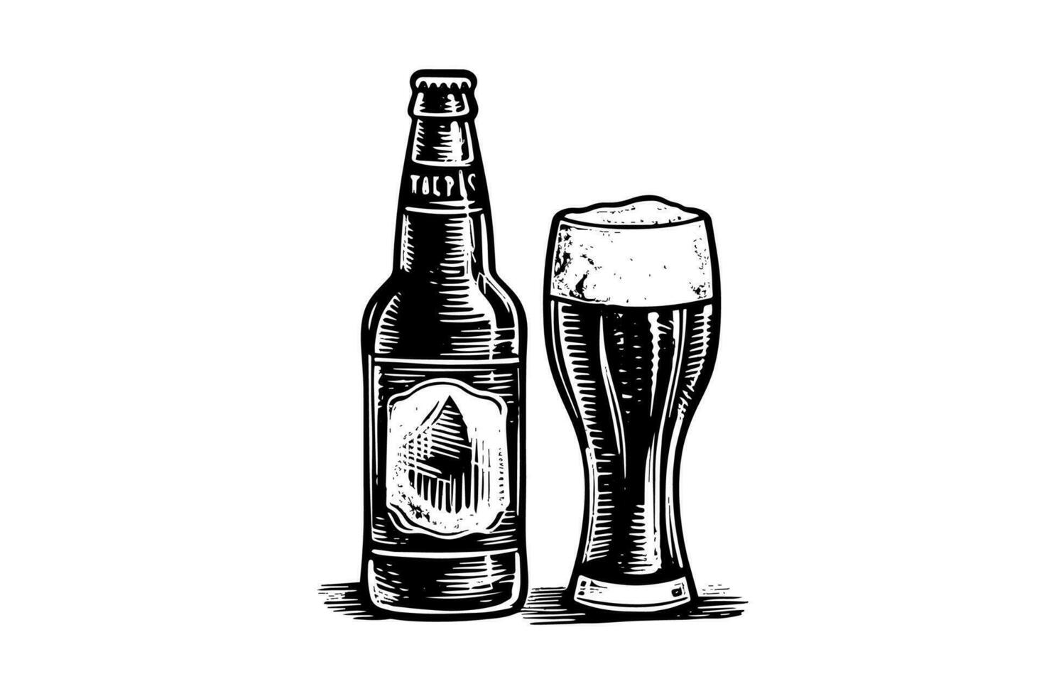 glas av öl med flaska av öl isolerat på vit bakgrund, handritning skiss. vektor årgång graverat illustration.
