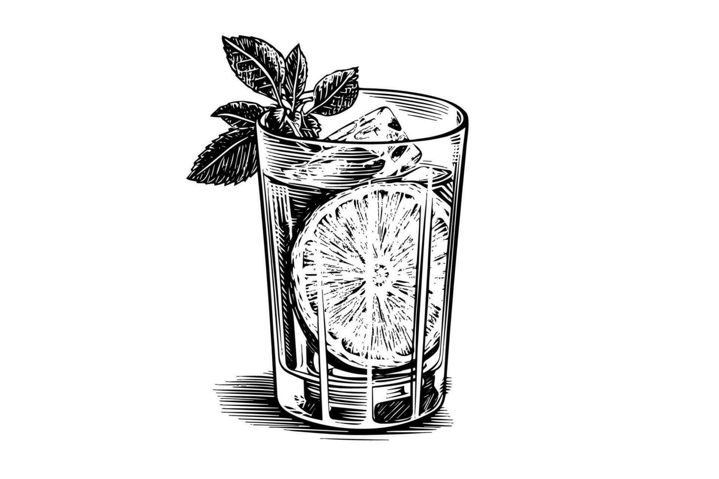 alkoholhaltig cocktail graverat isolerat dryck vektor illustration. svart och vit skiss sammansättning