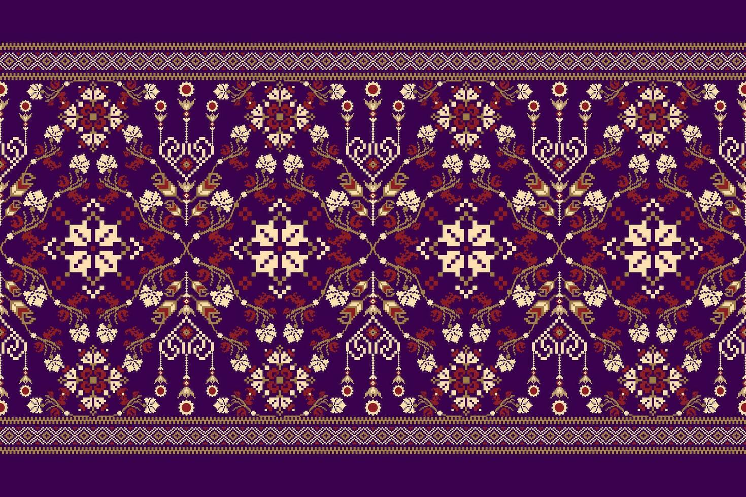 Blumen- Kreuz Stich Stickerei auf lila hintergrund.geometrisch ethnisch orientalisch Muster traditionell.aztekisch Stil abstrakt Vektor illustration.design zum Textur, Stoff, Kleidung, Verpackung, Dekoration, Sarong