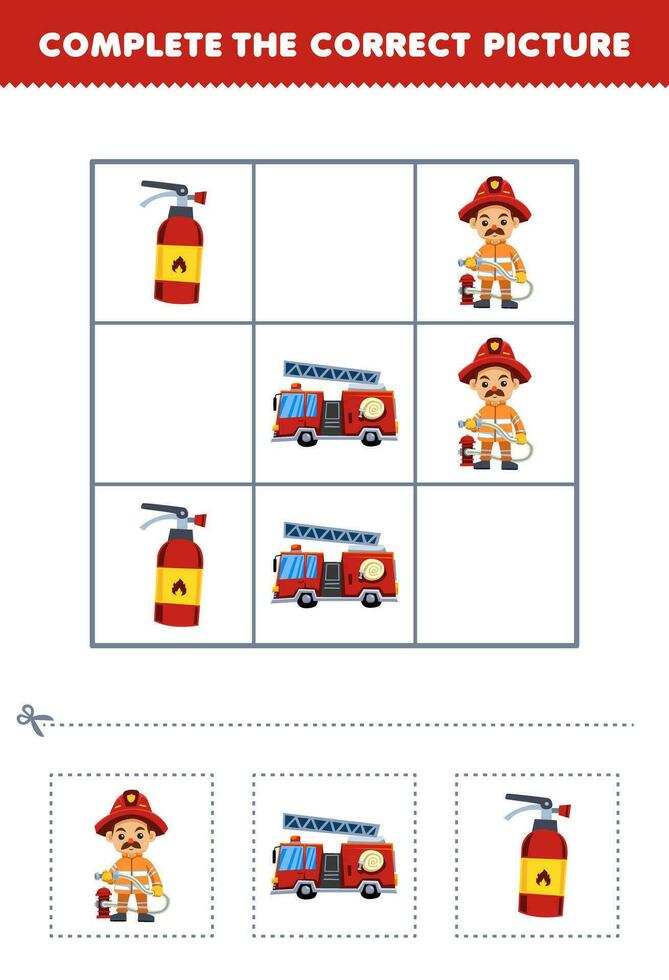 Bildung Spiel zum Kinder Komplett das richtig Bild von ein süß Karikatur Feuerwehrmann Feuerwehrauto und Feuerlöscher druckbar Beruf Arbeitsblatt vektor