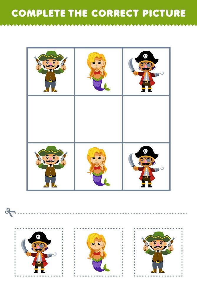 Bildung Spiel zum Kinder Komplett das richtig Bild von ein süß Karikatur Pirat Besatzung und Meerjungfrau druckbar Pirat Arbeitsblatt vektor