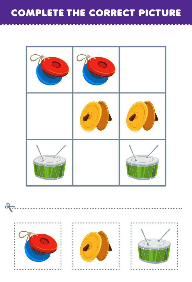 Bildung Spiel zum Kinder Komplett das richtig Bild von ein süß Karikatur Kastagnette Becken und Trommel druckbar Musik- Instrument Arbeitsblatt vektor