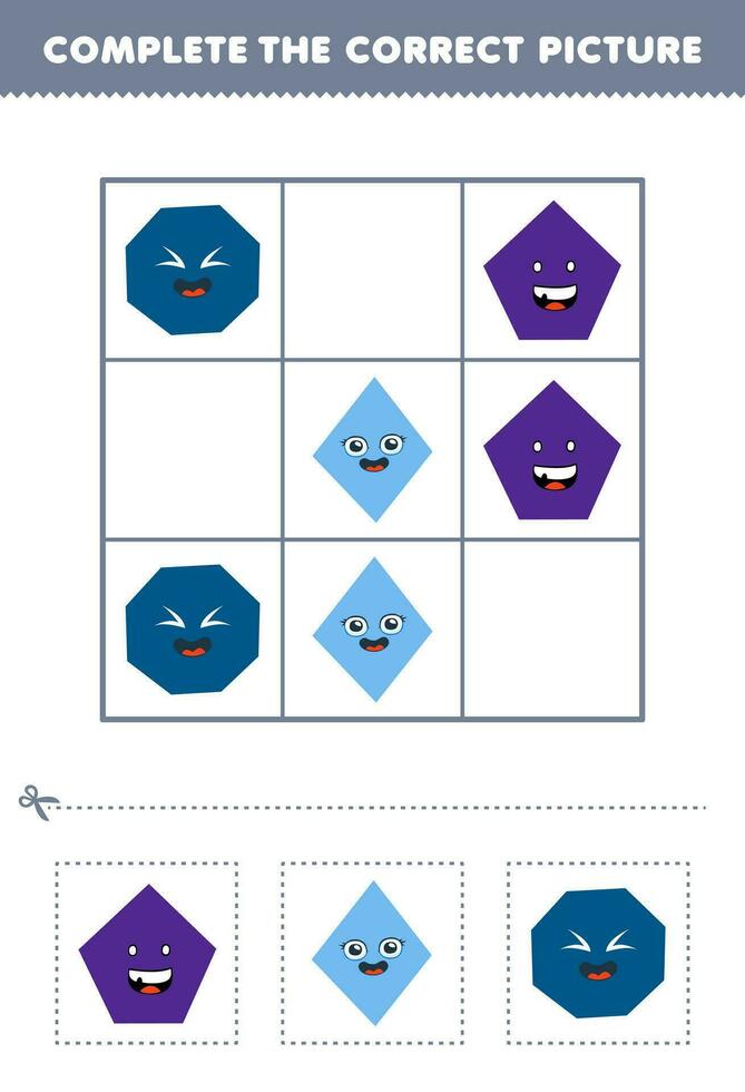 Bildung Spiel zum Kinder Komplett das richtig Bild von ein süß Karikatur Pentagon Rhombus und Achteck druckbar gestalten Arbeitsblatt vektor