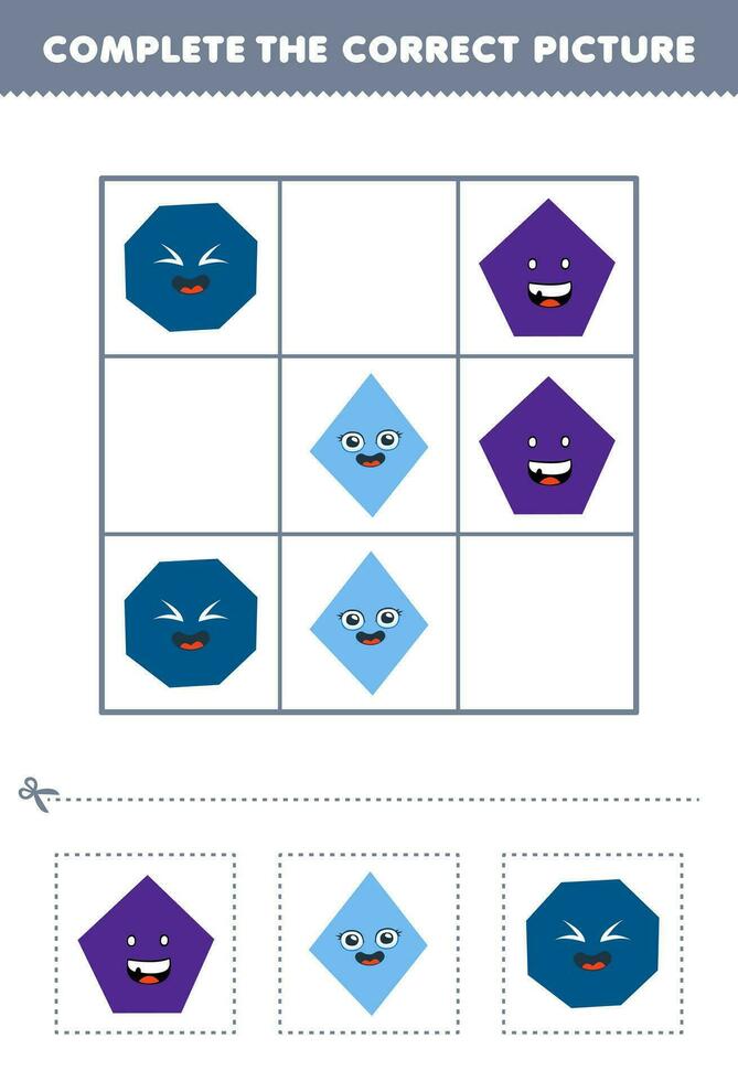 utbildning spel för barn komplett de korrekt bild av en söt tecknad serie femhörning romb och oktogon tryckbar form kalkylblad vektor
