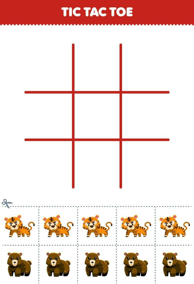 utbildning spel för barn tic tac tå uppsättning med söt tecknad serie tiger och Björn bild tryckbar djur- kalkylblad vektor