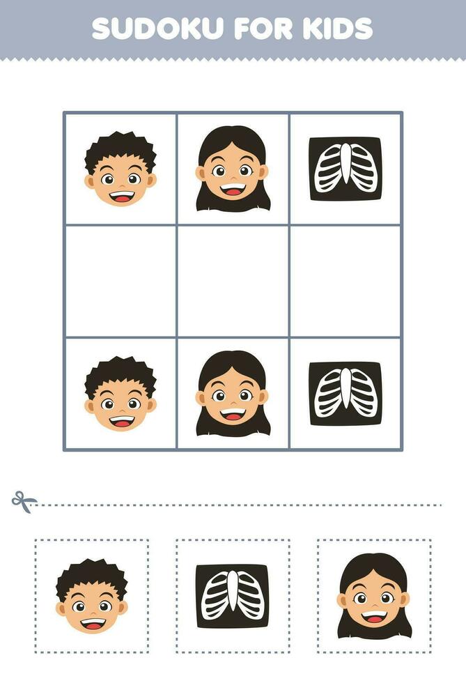 Bildung Spiel zum Kinder einfach Sudoku zum Kinder mit süß Karikatur Junge und Mädchen Kopf und Röntgen Foto druckbar Anatomie und Organ Arbeitsblatt vektor