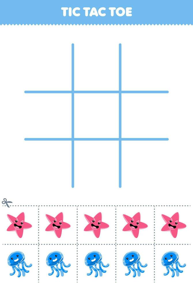 utbildning spel för barn tic tac tå uppsättning med söt tecknad serie sjöstjärna och manet bild tryckbar djur- kalkylblad vektor