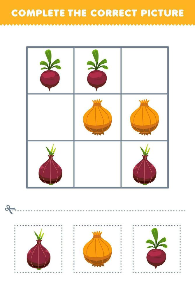 utbildning spel för barn komplett de korrekt bild av en söt tecknad serie schalottenlök lök och rova tryckbar vegetabiliska kalkylblad vektor