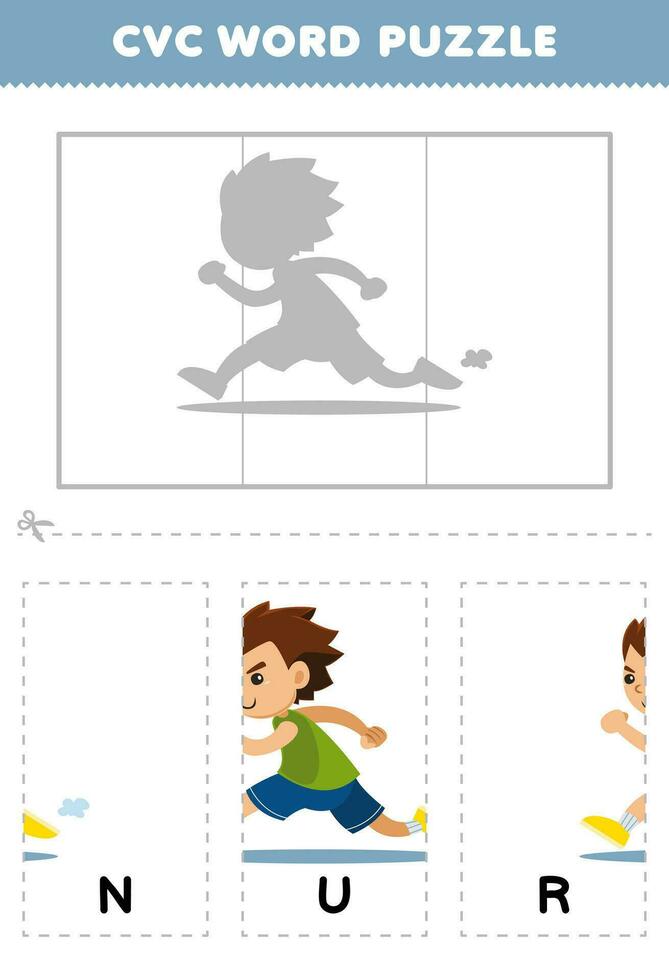 utbildning spel för barn till lära sig cvc ord förbi komplett de pussel av söt tecknad serie löpning pojke bild tryckbar kalkylblad vektor