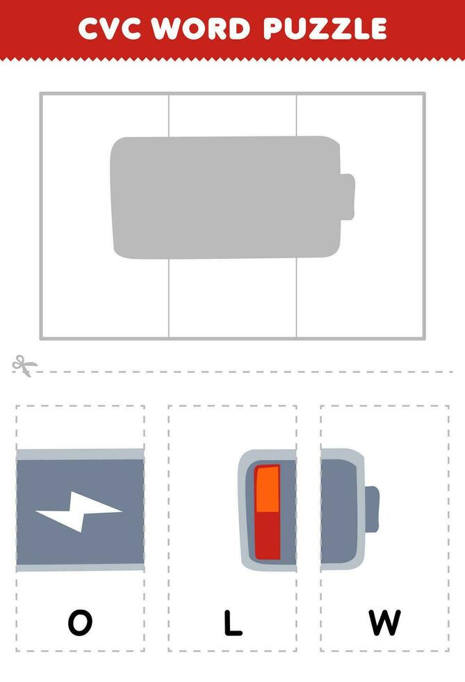 utbildning spel för barn till lära sig cvc ord förbi komplett de pussel av söt tecknad serie låg batteri bild tryckbar kalkylblad vektor