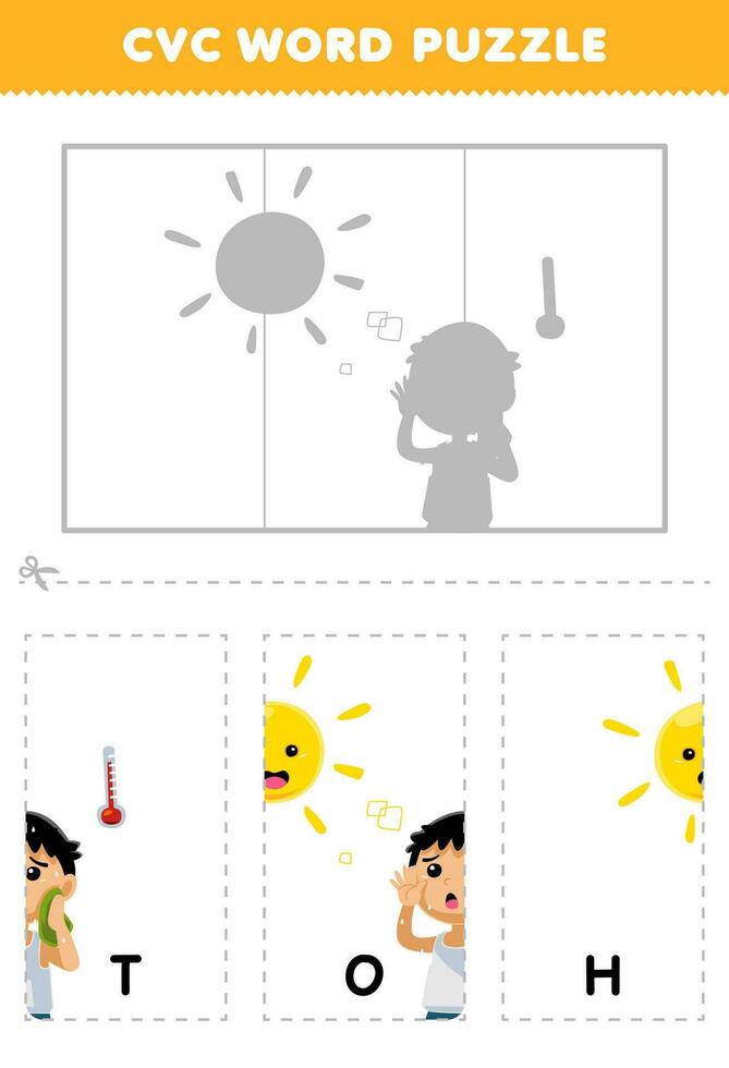 Bildung Spiel zum Kinder zu lernen Lebenslauf Wort durch Komplett das Puzzle von süß Karikatur verschwitzt Junge im heiß Wetter Bild druckbar Arbeitsblatt vektor