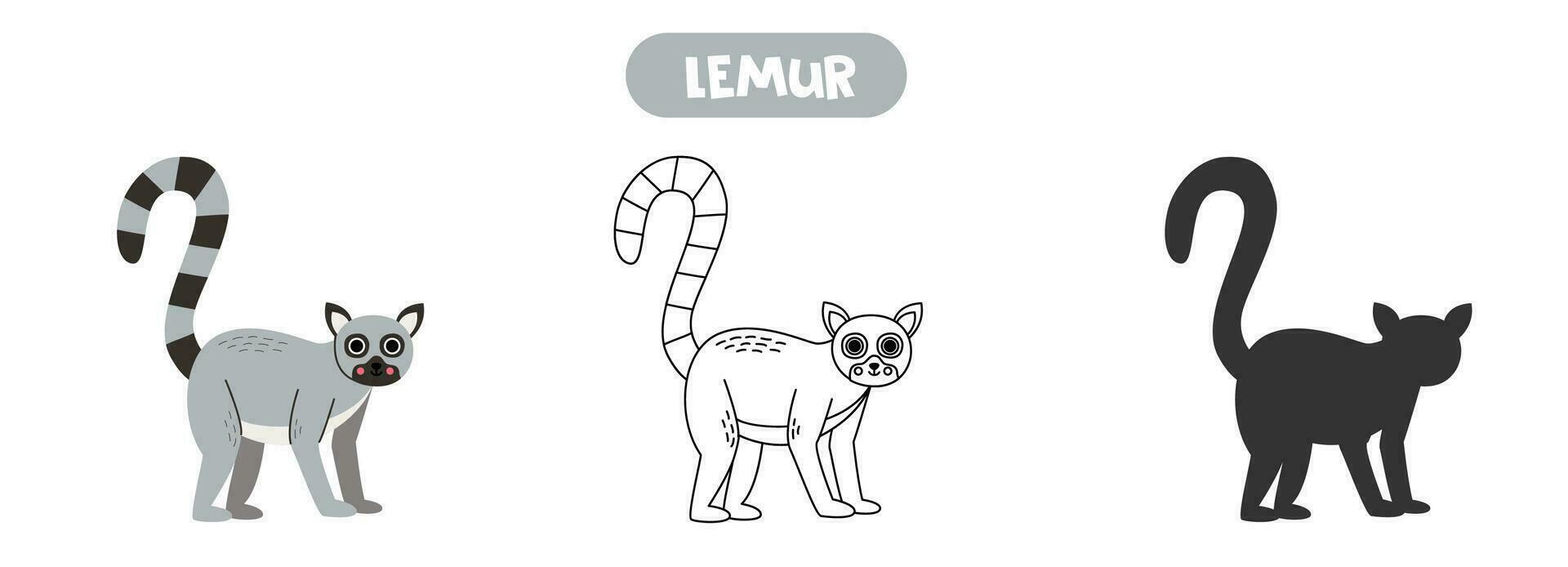 vektor illustration av söt tecknad serie lemur. färg sida. vektor silhuett.
