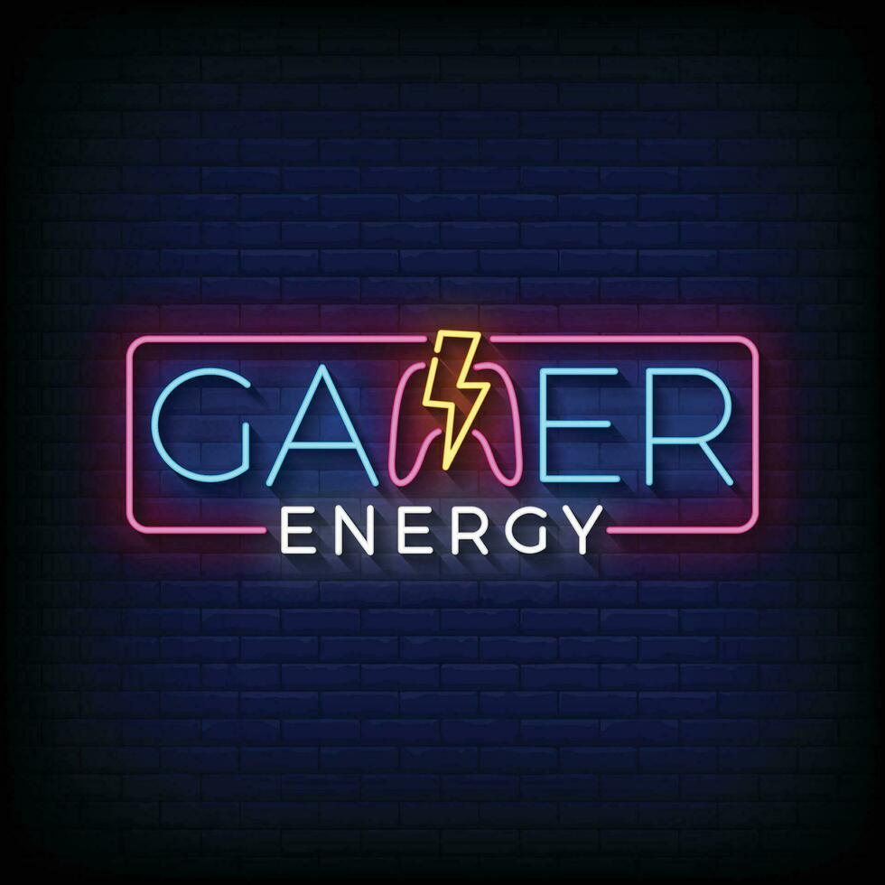 neon tecken gamer energi med tegel vägg bakgrund vektor