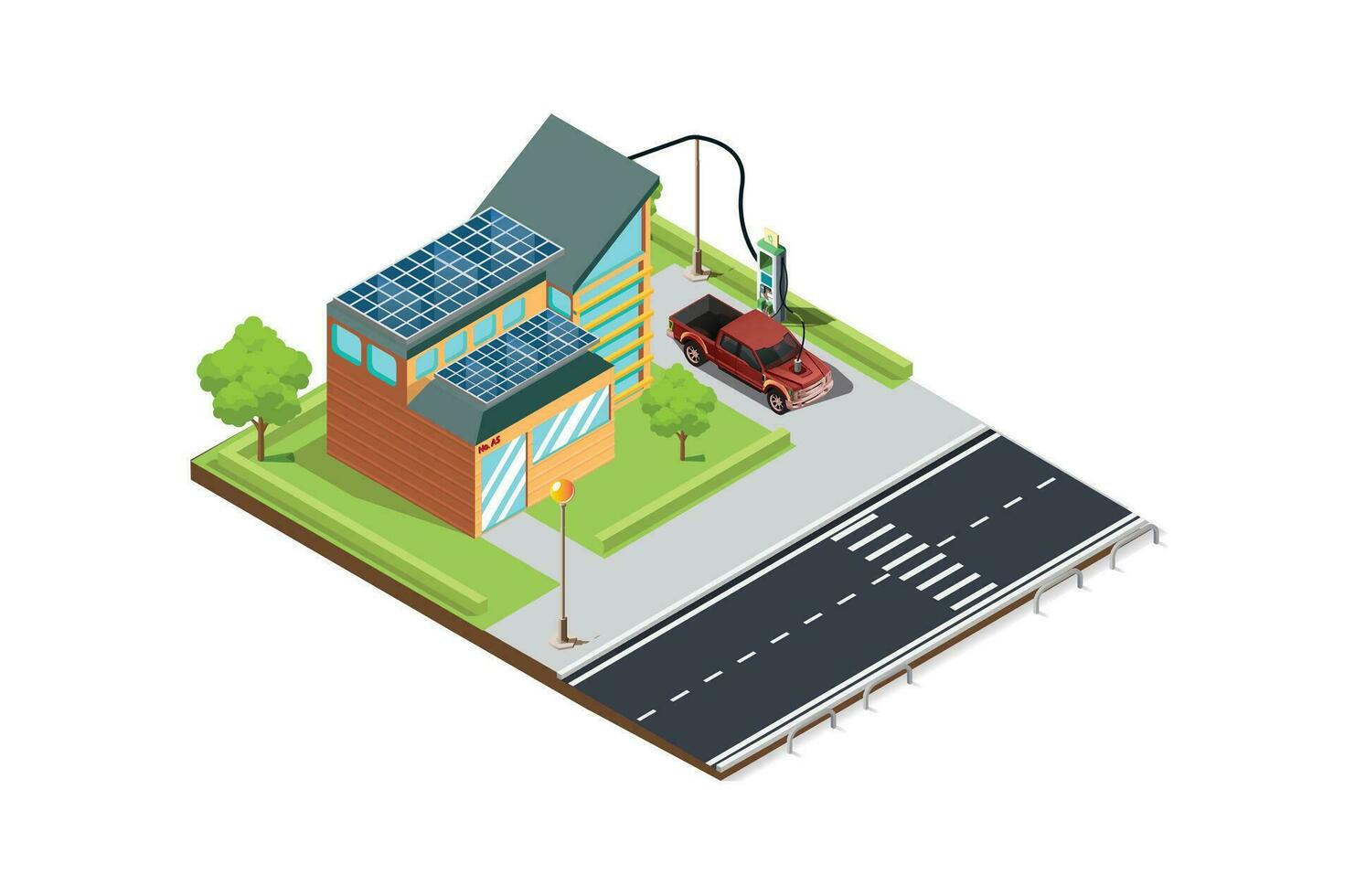 isometrisk illustration av laddning ett elektrisk bil batteri på Hem använder sig av sol- paneler, lämplig för diagram, infographics och Övrig grafisk relaterad tillgångar vektor