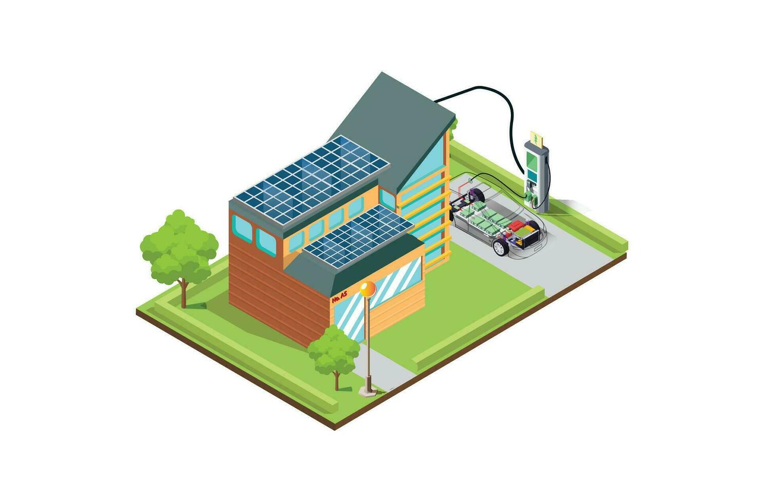 isometrisk illustration av laddning ett elektrisk bil batteri på Hem använder sig av sol- paneler, lämplig för diagram, infographics och Övrig grafisk relaterad tillgångar vektor