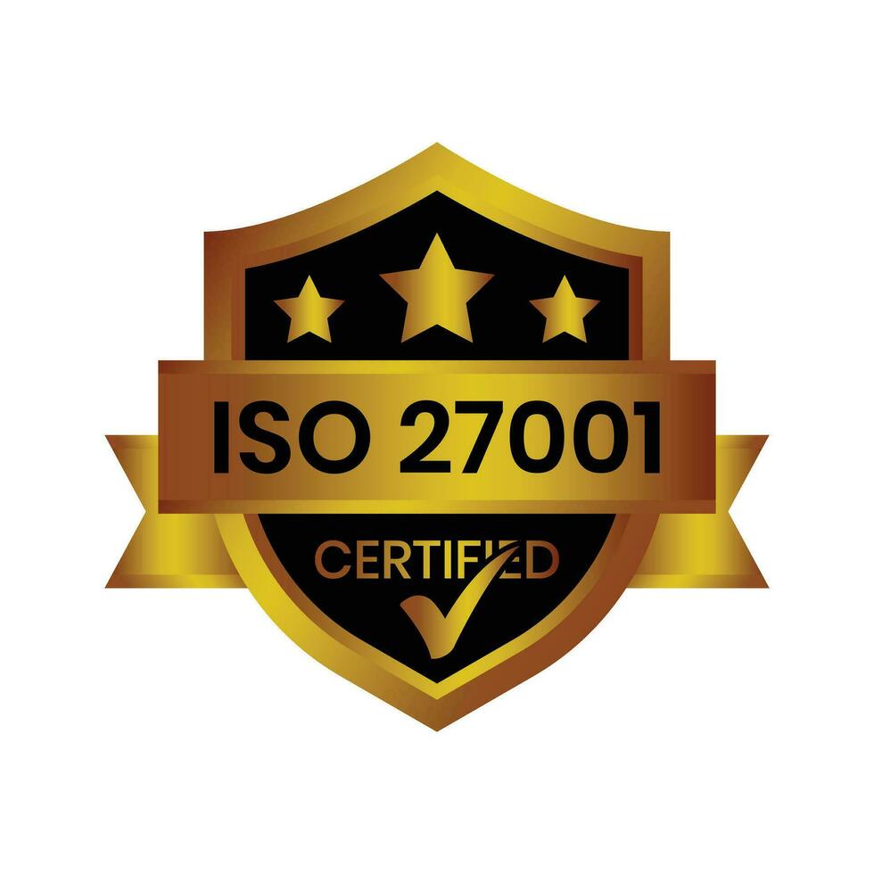 iso 27001 zertifiziert Abzeichen oder Information Sicherheit Verwaltung System, iso 27001 Vektor Symbol, Gummi Briefmarke, Siegel, Etikett, Emblem, mit prüfen markieren, glänzend und golden Abzeichen Vektor Illustration