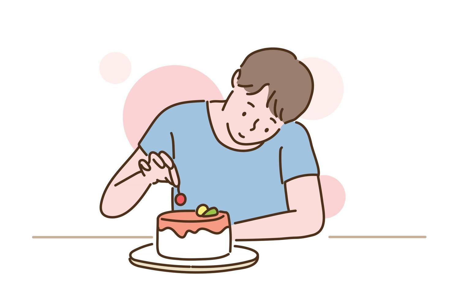Ein Mann legt Belag auf einen Kuchen handgezeichnete Stilvektordesignillustrationen. vektor