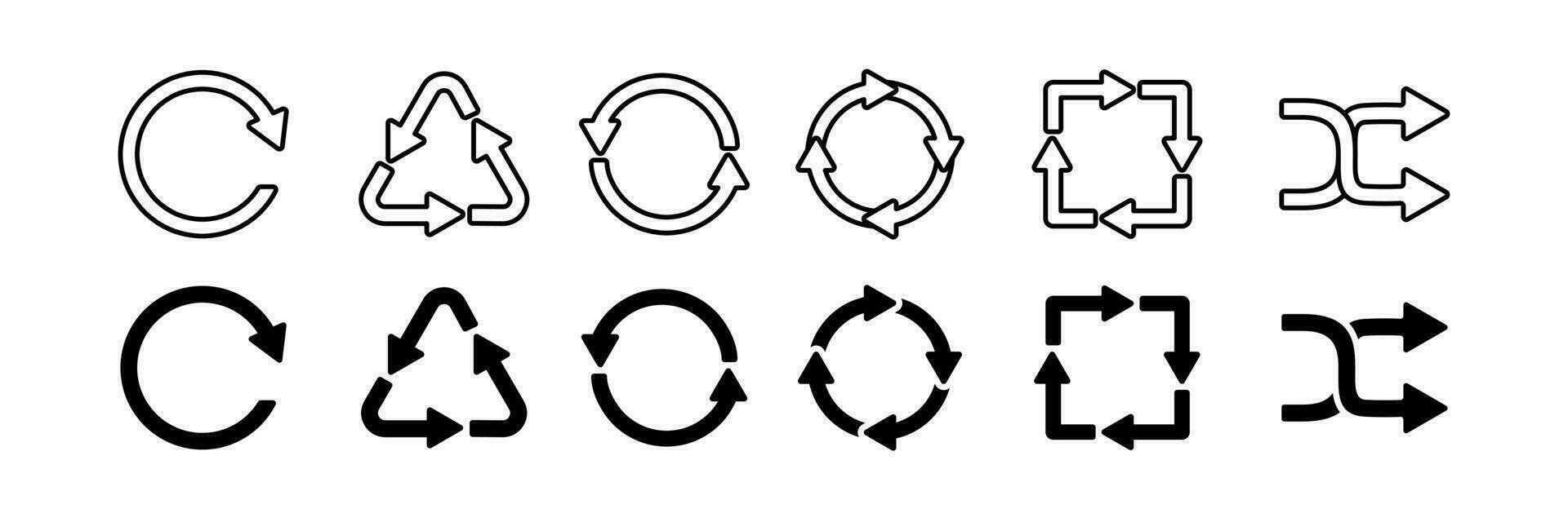 Pfeil einstellen Sammlung Rückgängig machen, recyceln, aktualisieren, Schleife, Zyklus, Mischen im schwarz Gliederung und füllen Stil mit isoliert auf Weiß Hintergrund vektor