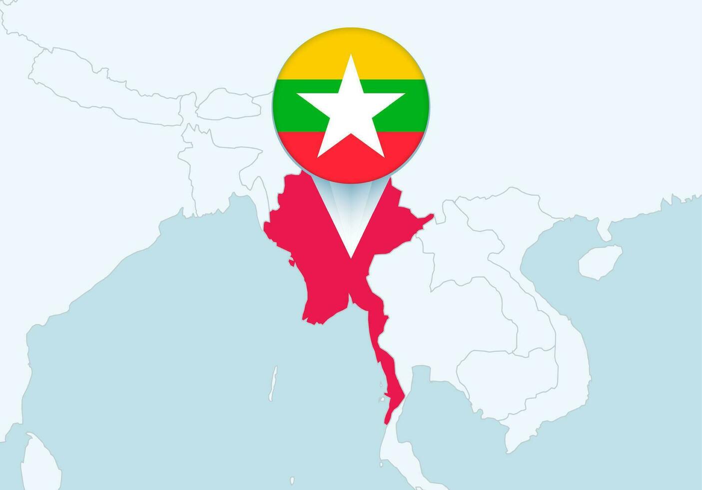 Asien med vald myanmar Karta och myanmar flagga ikon. vektor