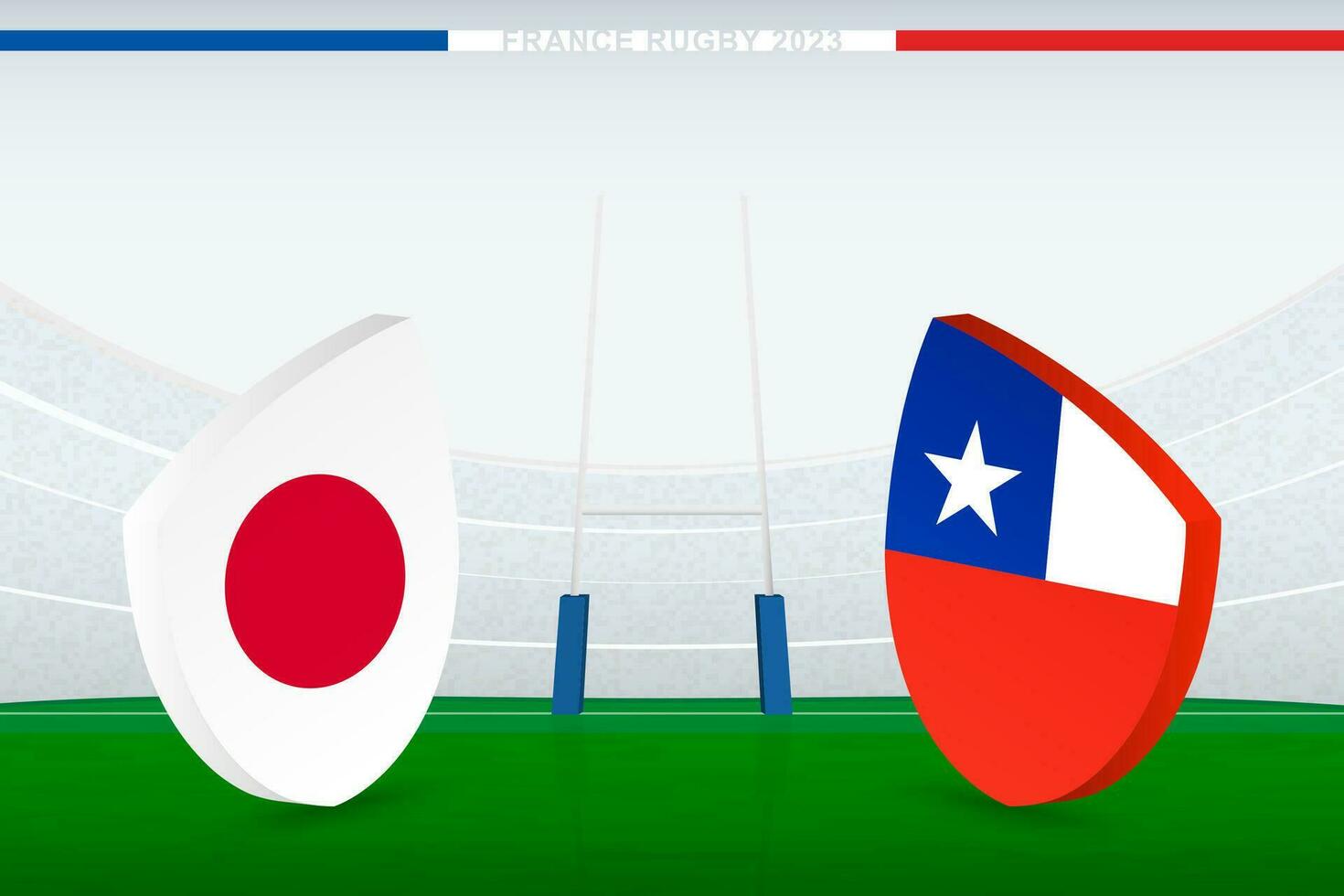 Spiel zwischen Japan und Chile, Illustration von Rugby Flagge Symbol auf Rugby Stadion. vektor