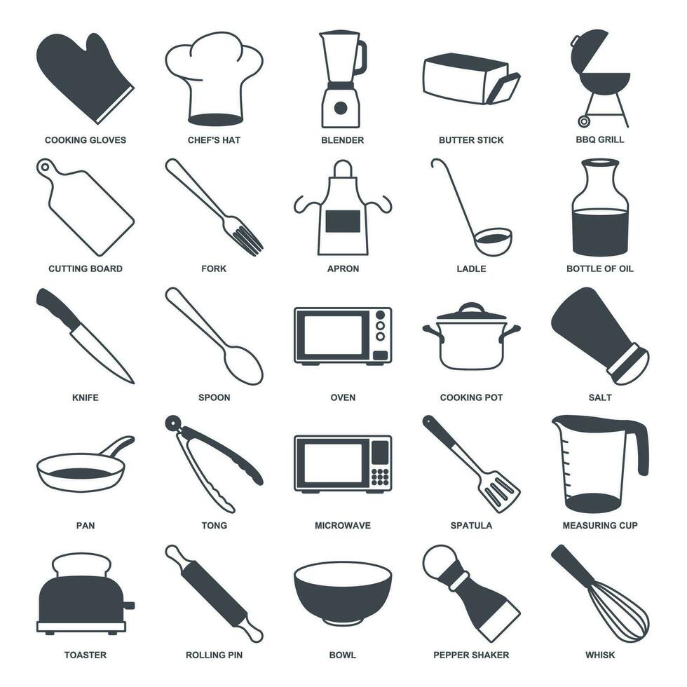 Kochen Symbol Satz, inbegriffen Symbole wie Messer, Schüssel, Mixer und Mehr Symbole Sammlung, Logo isoliert Vektor Illustration