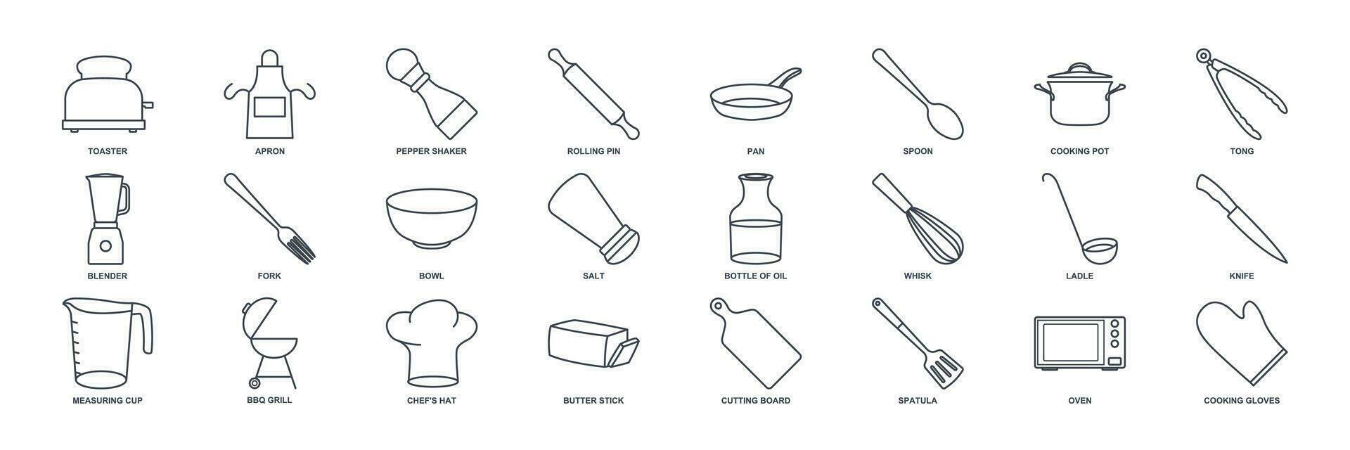 Kochen Symbol Satz, inbegriffen Symbole wie Messer, Schüssel, Mixer und Mehr Symbole Sammlung, Logo isoliert Vektor Illustration