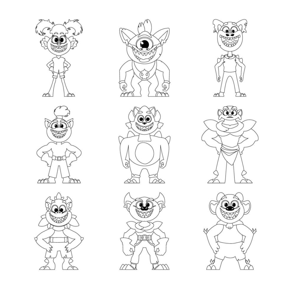 Dort sind viele von komisch und seltsam Karikatur Monster alle zusammen im ein groß Gruppe. Kinder Färbung Buchseite. vektor