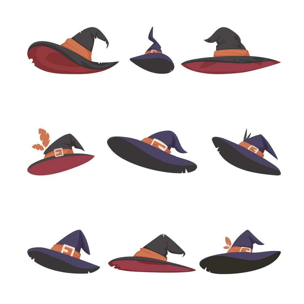 ein groß Sammlung von Halloween Hexe Hüte. Karikatur Stil. vektor