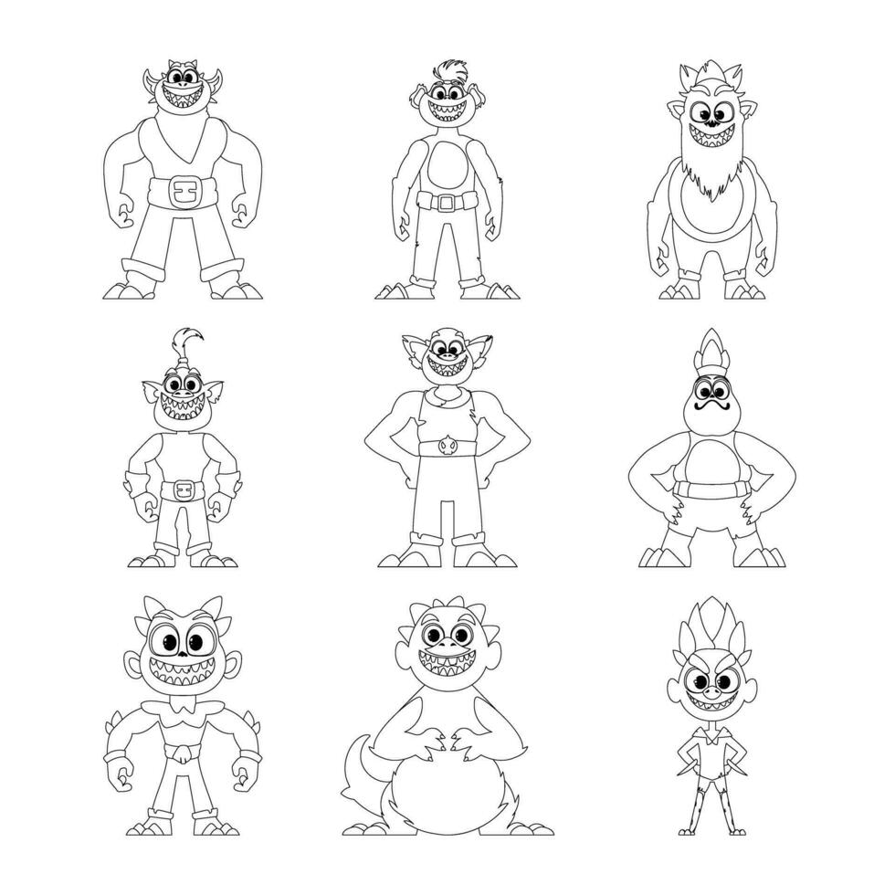 där är en stor samling av rolig och konstig monster tecknad serie tecken. barns färg sida. vektor
