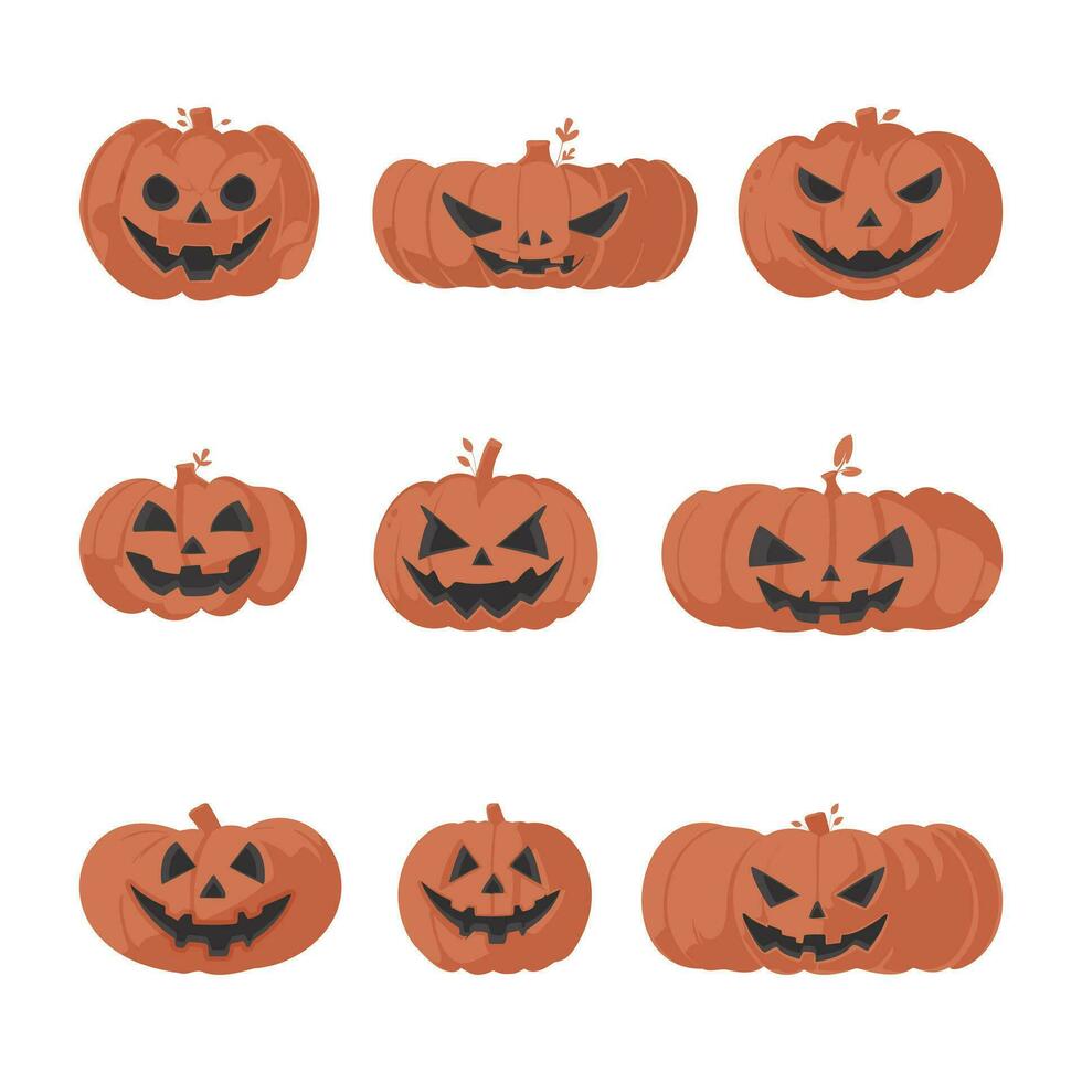 en stor samling av halloween pumpor med skrämmande ansikten. tecknad serie stil. vektor