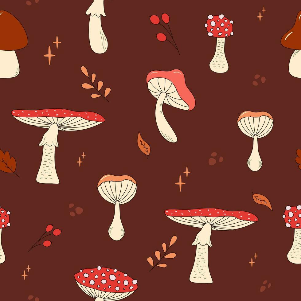 nahtlos Muster mit Wald Pilze. rot Pilze mit Weiß Punkte auf braun Hintergrund. Amanita Muscaria Ornament. fliegen Pilz, Beeren und Blätter Muster. vektor