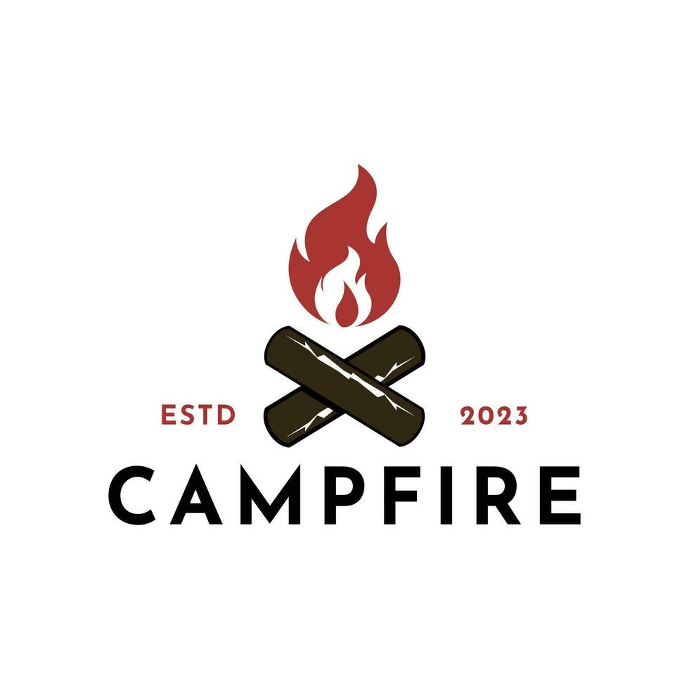 Camping Logo, heiß Lagerfeuer Protokolle auf Hand gezeichnet Briefmarke bewirken Vektor Illustration. Jahrgang zum Party Poster und Banner