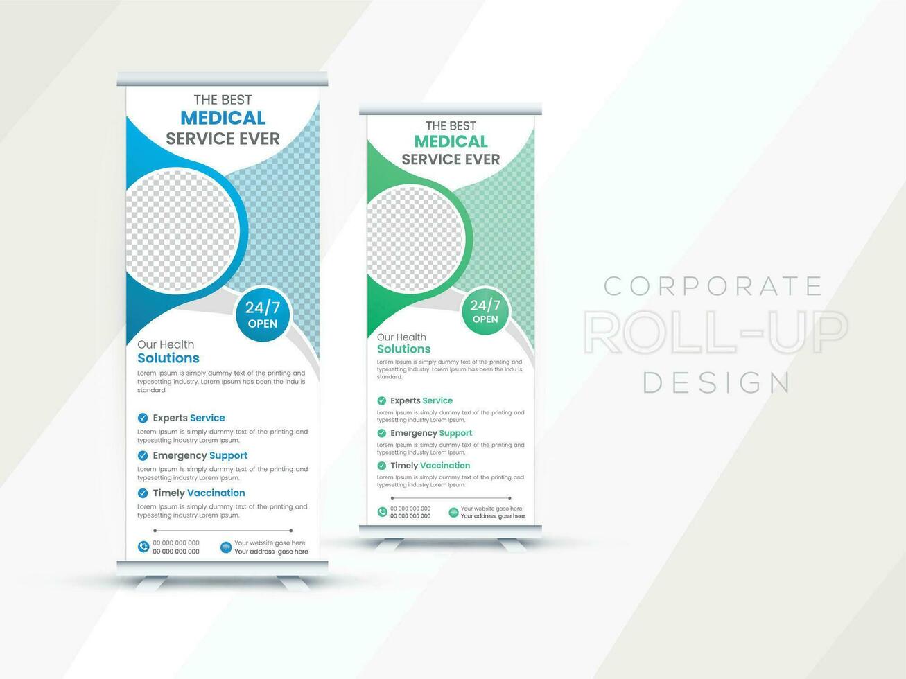 Profi Vektor modern korporativ rollen oben Banner Design Stand Vorlage im mehrere Auge fangen Farben zum medizinisch und Gesundheitswesen mit Präsentation.