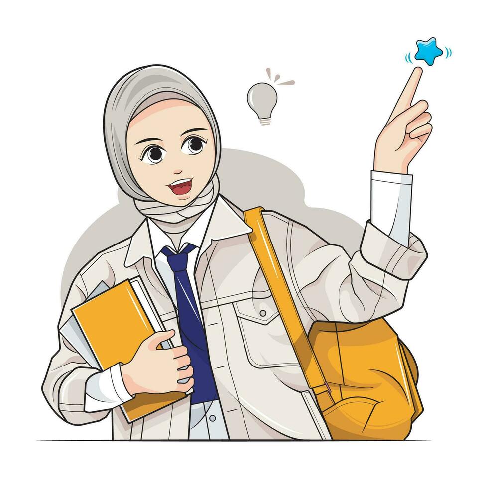 liten muslim skolflicka. en hijab flicka som visar ett aning, vektor illustration proffs ladda ner