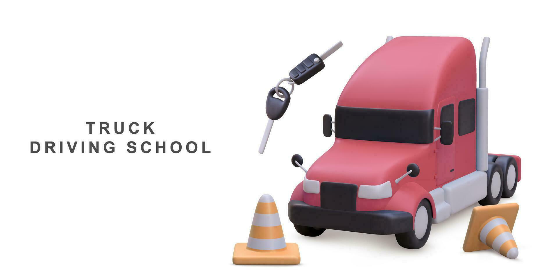 3d realistisch Banner Fahren Schule mit LKW. Vektor Illustration.